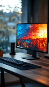 Deskbound horizon ignites as the monitor paints digital fire