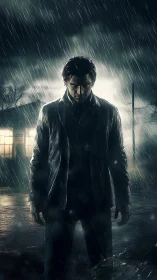 Rain-soaked lone figure in cinematic nocturnal backlit street.