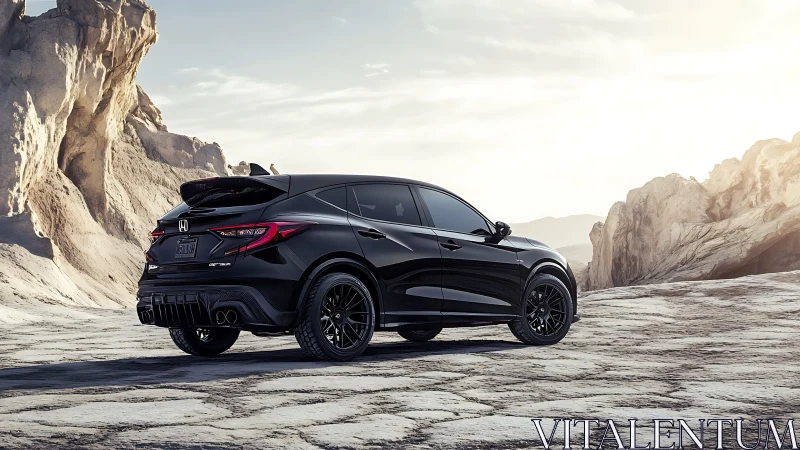 Black Honda crossover stands bold against rocky desert horizon.