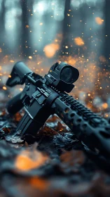 Tactical rifle rests in glowing forest embers at dusk.