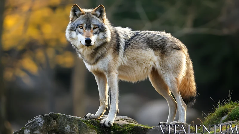 Grey wolf standing on rocks in a forest environment.