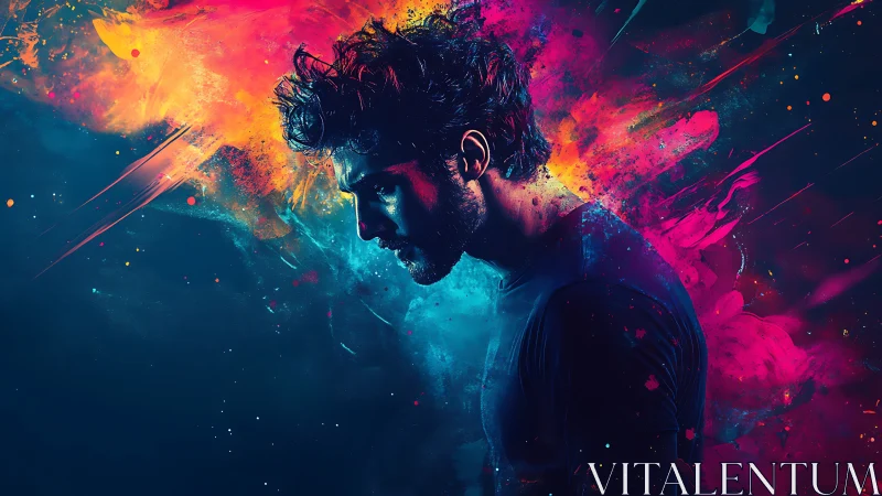 Chromatic silhouette in dynamic bicolor particle eruption.