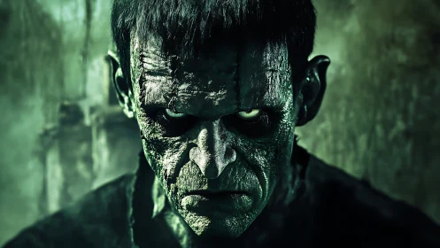 High-contrast close-up of stitched undead creature in green light