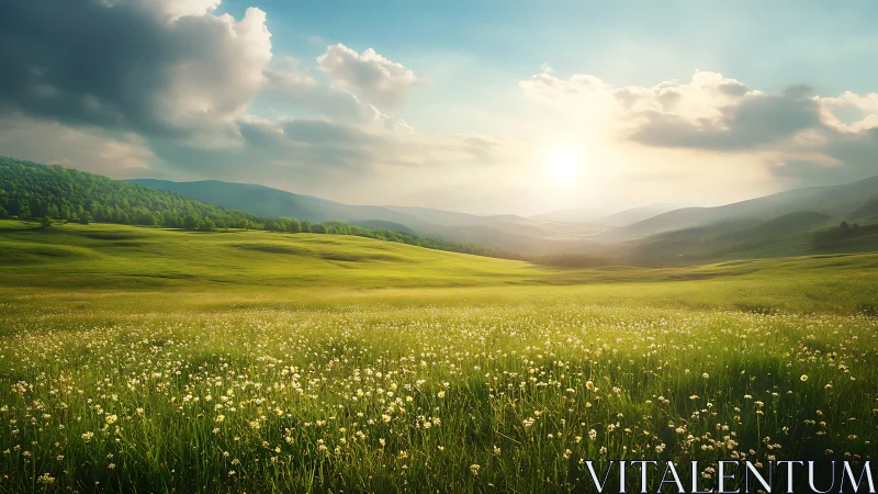 Backlit alpine meadow panorama with distant hazy ridgelines
