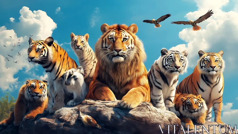 Pride of Tigers on Rocky Outcrop Against Sky.