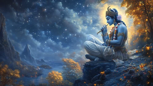 Serene blue deity resting under a starlit enchanted sky.