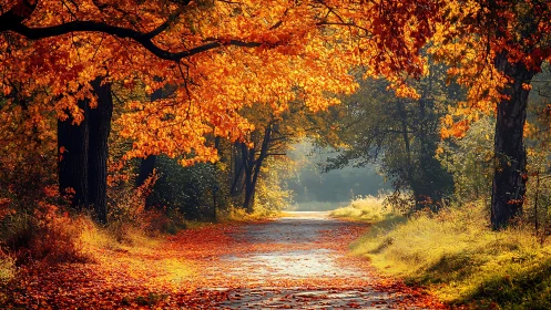 Autumn Tree-Lined Road with Golden Foliage and Clear Path.