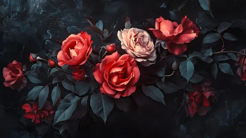 Crimson Roses Against Dark Foliage.