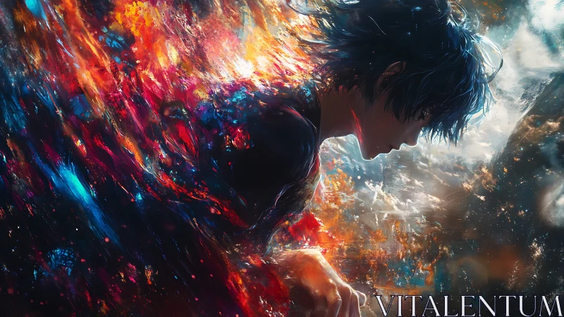 Side profile of figure dissolving into abstract energy field.