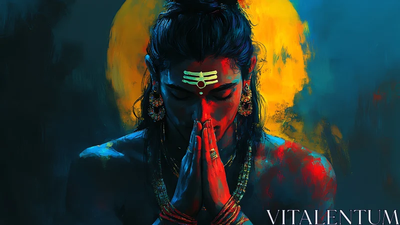 Divine figure bows in prayer before intense yellow halo