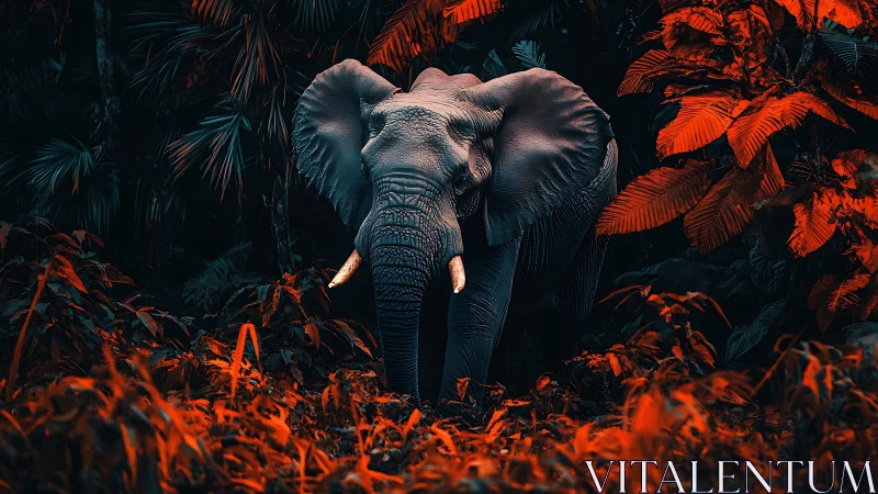 Midnight jungle elephant amid neon ember foliage glow.