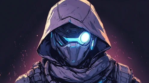 Hooded cybernetic operative with luminescent monocular optics.