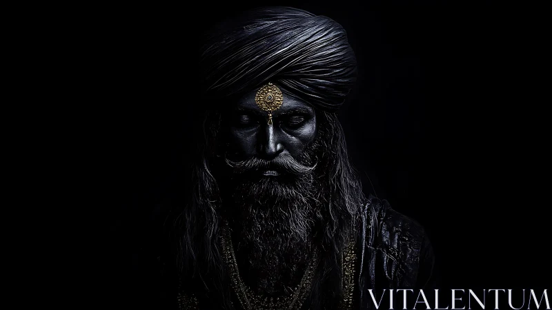 Dark turbaned man with golden headpiece emerges from shadow