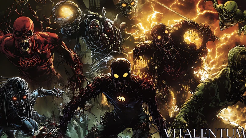 Undead horde advances through molten lightning backdrop, high-contrast inking