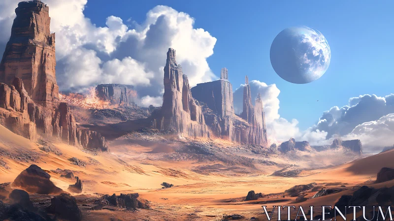 Desert plateau landscape with distant planet in sky.