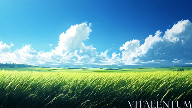 Digital painting of luminous wheat field under sculpted clouds.