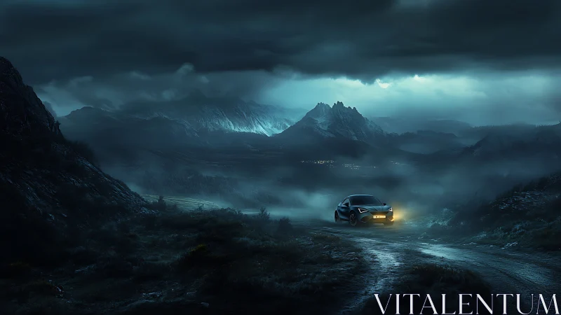 Storm-laden mountain pass with lone car and cinematic glow.