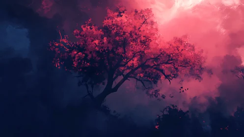 Crimson tree crowns rise through deep indigo misted void.