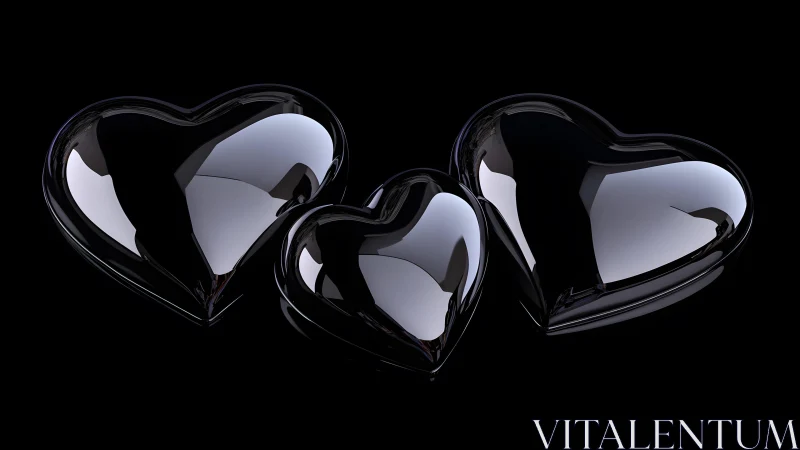 Three Shiny Black Glass Hearts on Glossy Black Background.