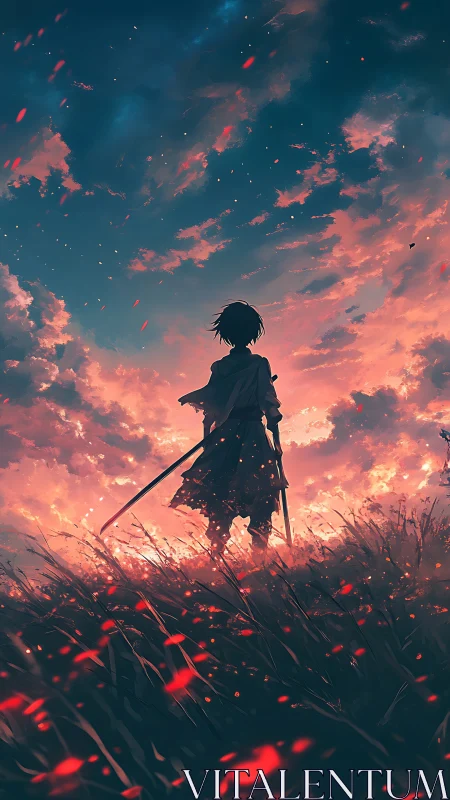 Lone swordsman stands against a burning twilight sky