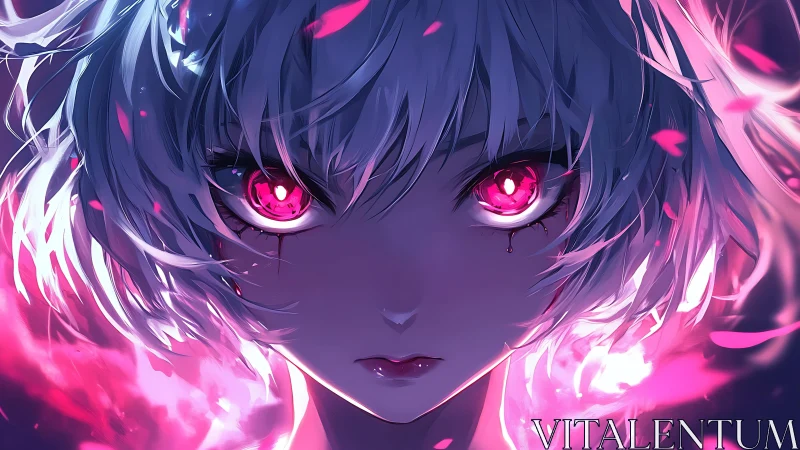 Intense anime portrait with luminous magenta eyes and dynamic petals