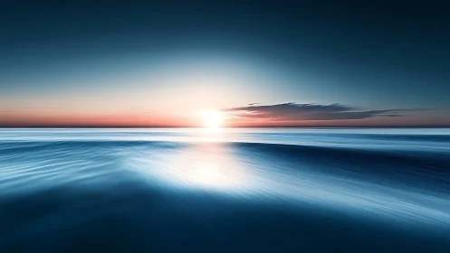 Sunset light streaks across a tranquil abstract ocean horizon.