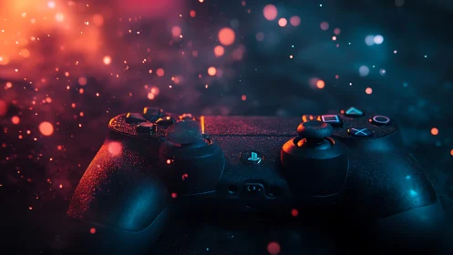 Glowing game controller in dreamy neon gaming atmosphere.