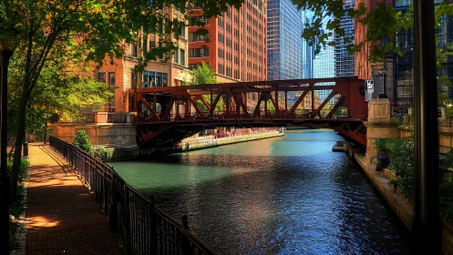 Sunlit city riverwalk welcomes a quiet moment by the bridge