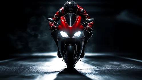 Red superbike rider charges through dramatic darkness.