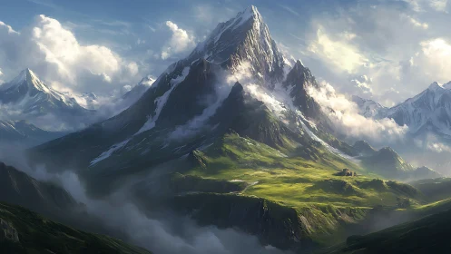 Sunlit alpine peak rises over misted valley fortress