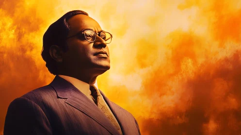 Portrait of determined leader against blazing golden sky.