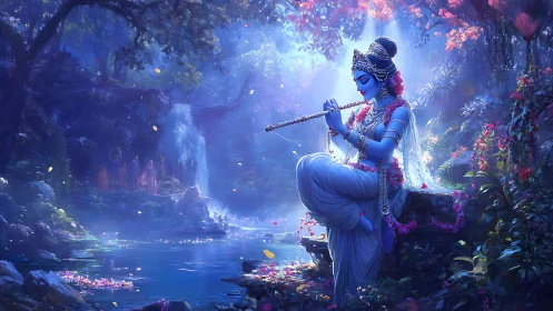 Moonlit blue flute player blessing a luminous forest pond.