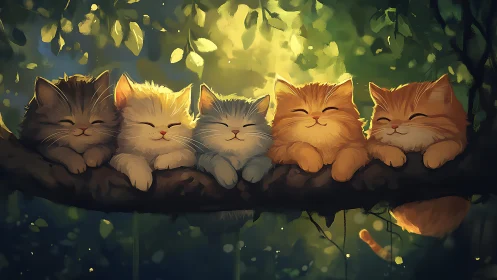 Five Peaceful Cats Resting on Forest Branch Under Golden Leaves.