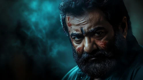 Bearded middle‑aged man with facial wounds in moody lighting.