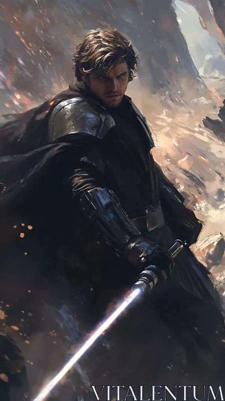 Armored warrior with energy blade in stormy battle scene.