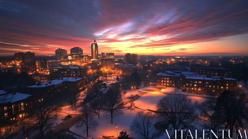 Snow-laden urban skyline under stratified twilight luminance.