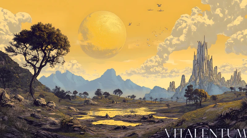 Alien valley landscape rendered in high-detail digital painting