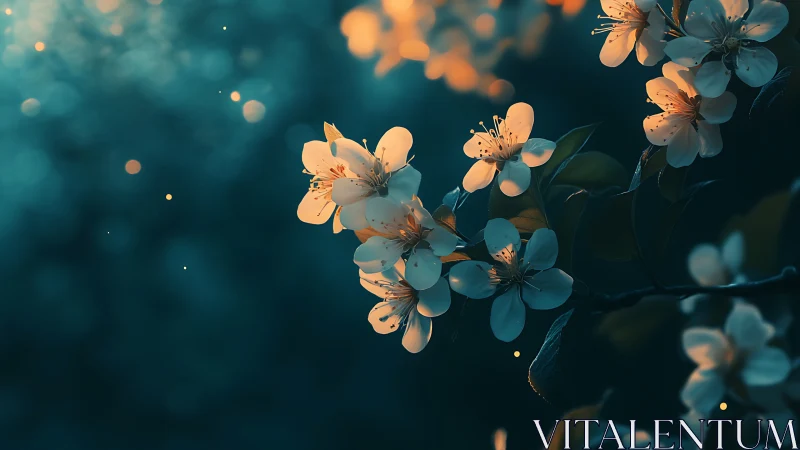 Small white blossoms on branch against dark teal background