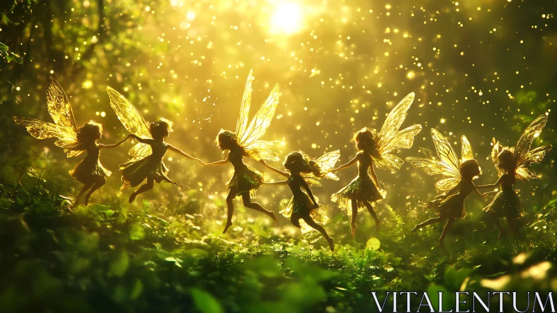 Fairy children hold hands and dance in glowing forest light