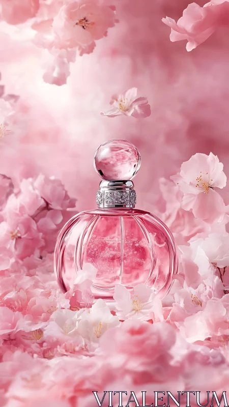 Pink perfume bottle amid soft blooming cherry petals.