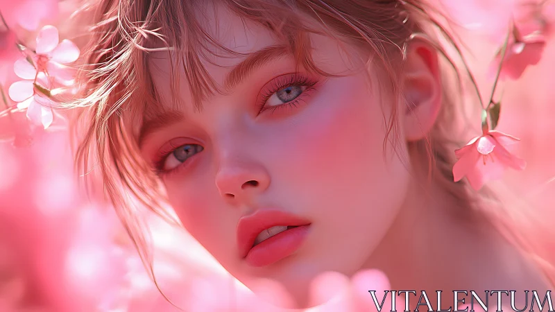 Digital portrait shows close-up face framed by pink flowers