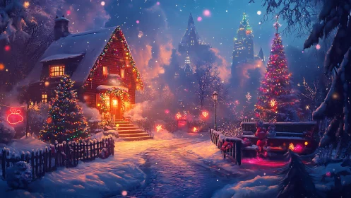 Snowy village street shows illuminated Christmas house and trees