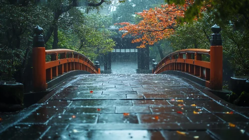 Rain-soaked vermilion bridge in a hush of autumn mist.