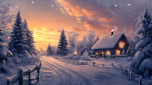 Snowy forest cabin under glowing winter sunset sky.