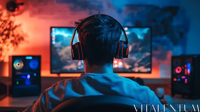 Neon-lit gamer drifts through digital worlds in quiet focus