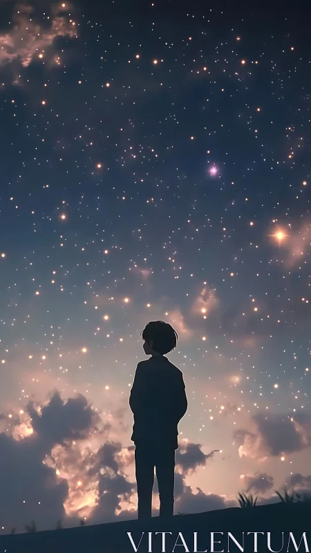 Silhouetted child gazes into a dreamy, star-swept twilight sky