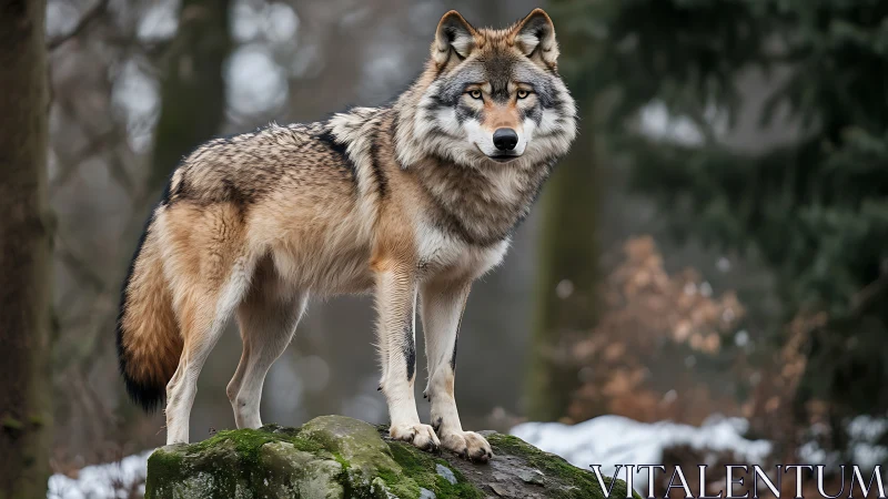 Grey wolf stands alert on mossy rock in winter forest