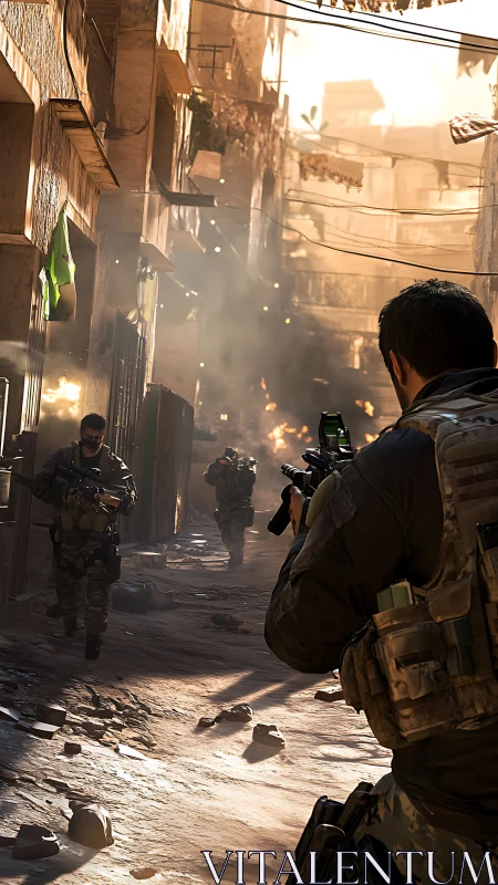 Armed soldiers advance through narrow damaged urban alley.