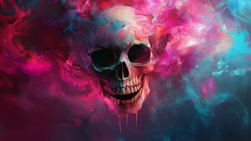 Chromatic vapor skull suspended in neon magenta cyan cloud