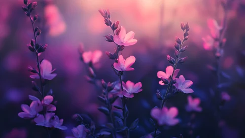 Purple Wildflowers in Luminous Bokeh Garden. Soft Focus Floral Study.
